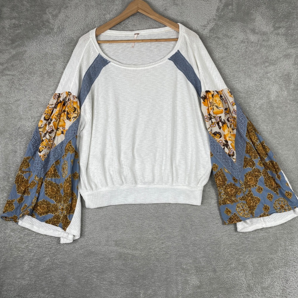 Free People White Pullover Long Sleeve Top with Printed Bell Sleeves